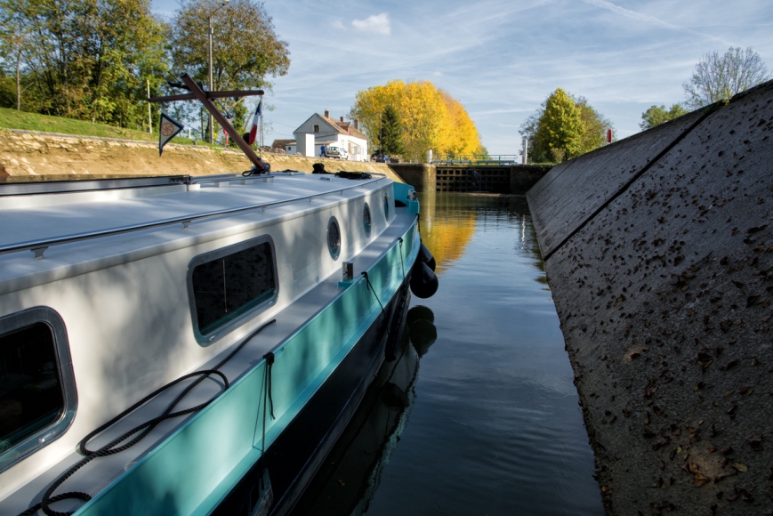 Wanderlust inside one of the slope-sided locks on the River Yonne